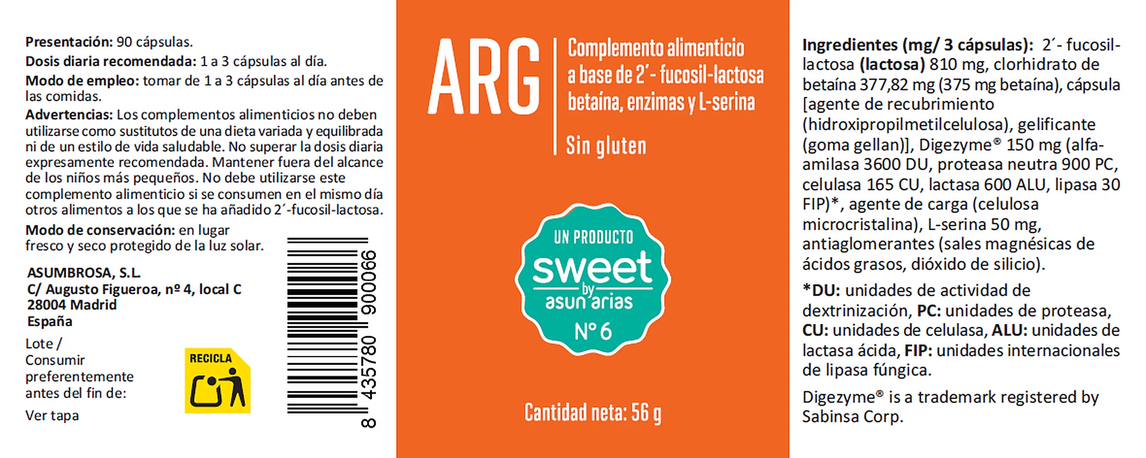 La etiqueta de ARG, Sweet Nº6, entera: ingredientes, modo de empleo y advertencias