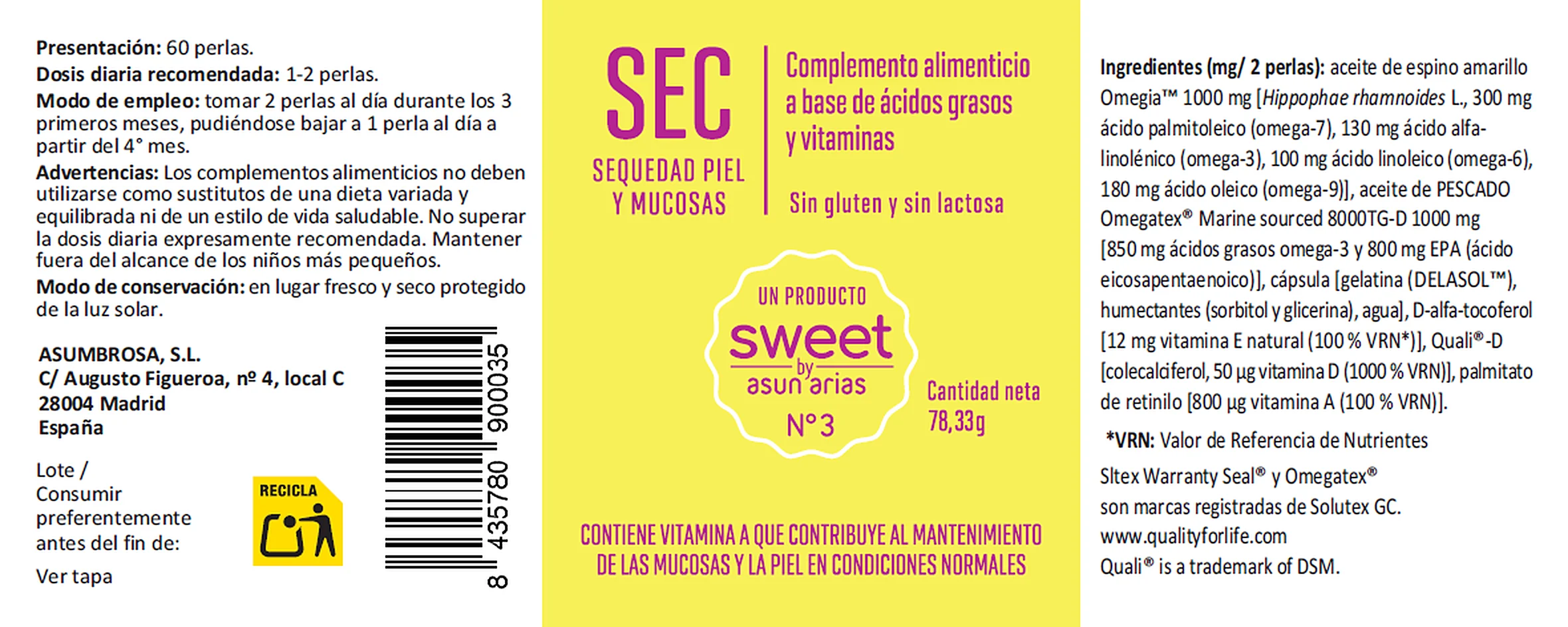 La etiqueta de SEC, Sweet Nº3, entera: ingredientes, modo de empleo y advertencias