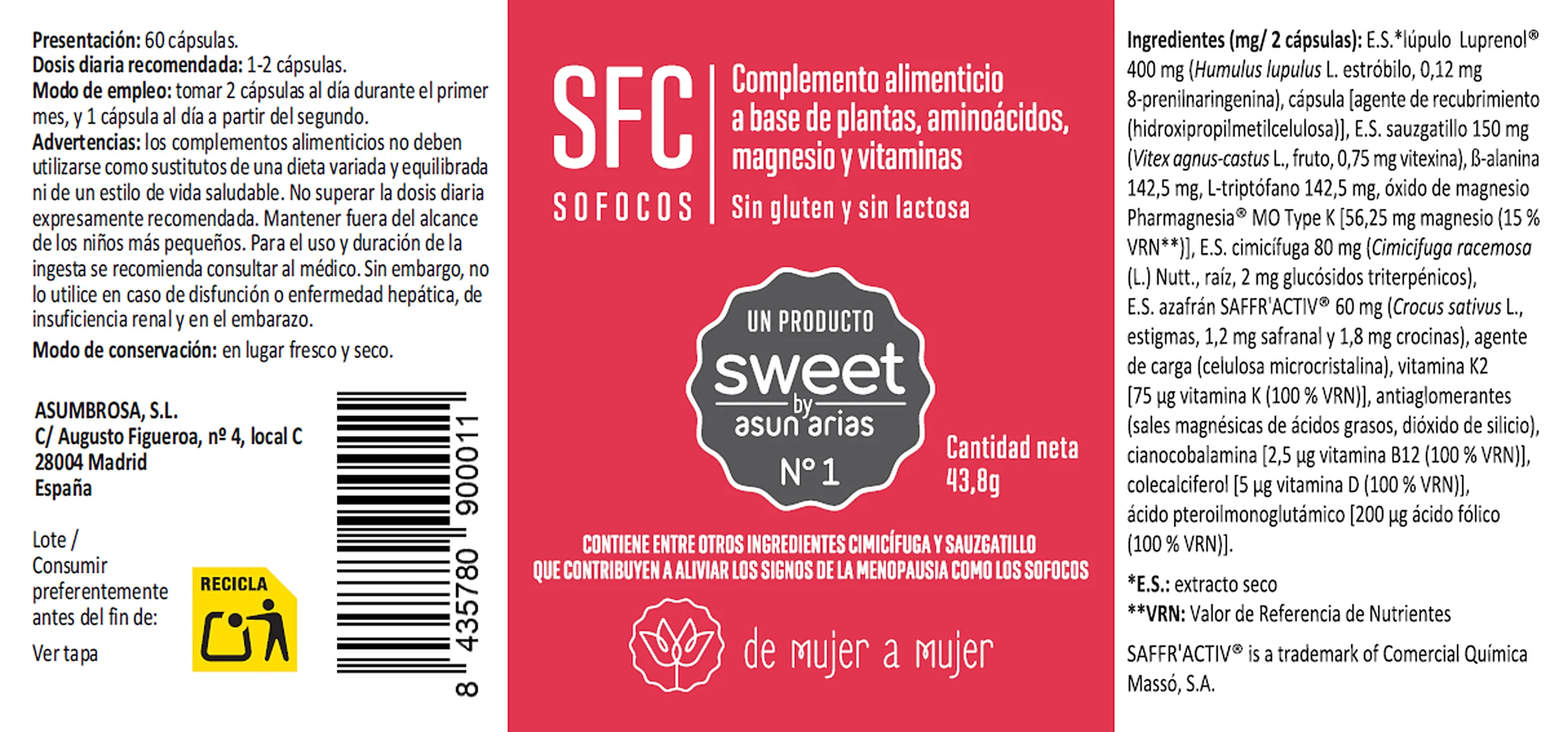 La etiqueta de SFC, Sweet Nº1, entera: ingredientes, modo de empleo y advertencias