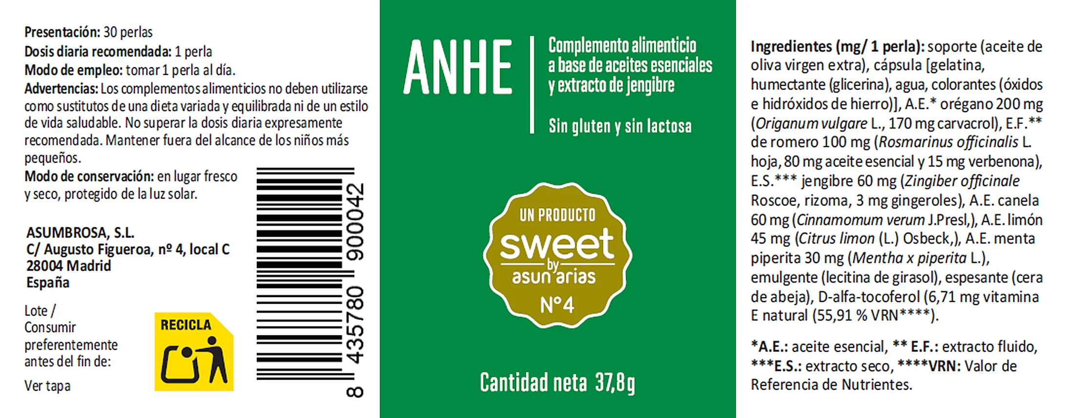 La etiqueta de ANHE, Sweet Nº4, entera: ingredientes, modo de empleo y advertencias
