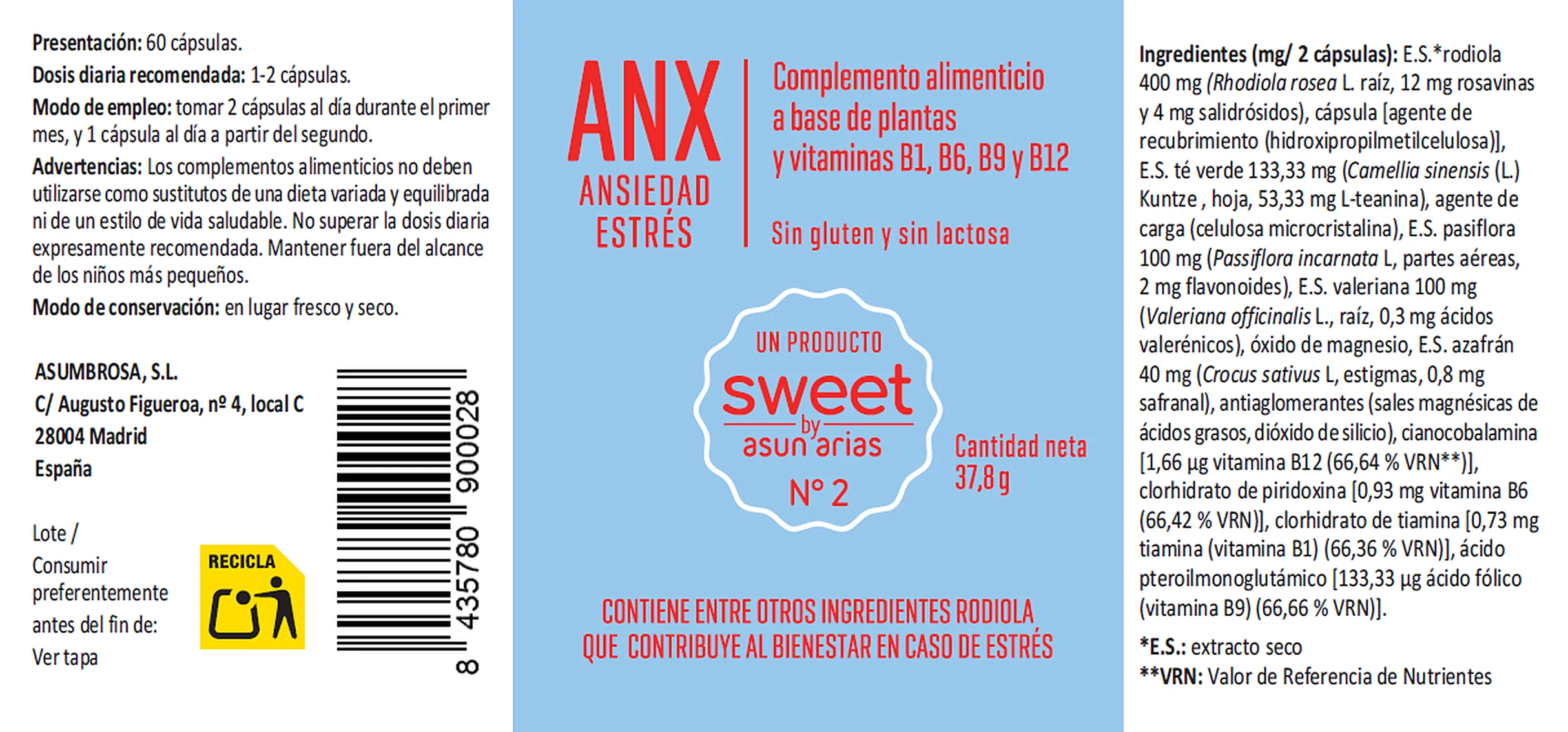 La etiqueta de ANX, Sweet Nº2, entera: ingredientes, modo de empleo y advertencias
