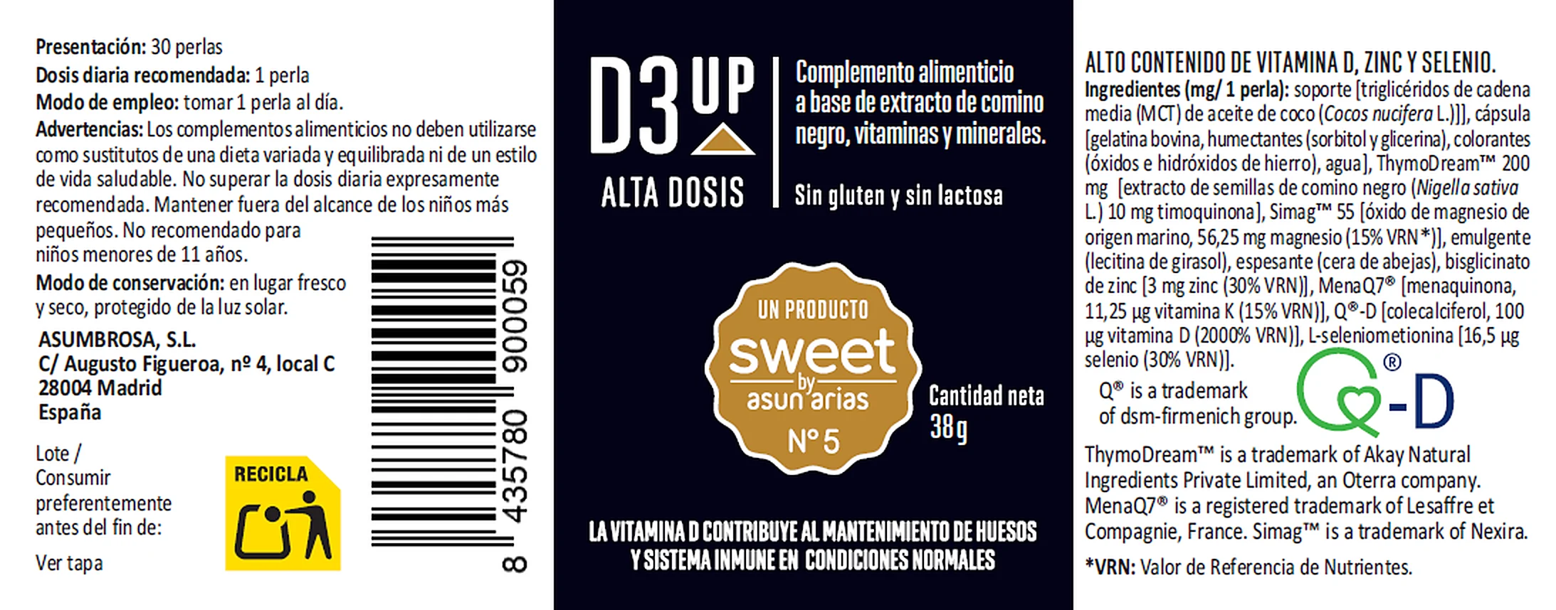 La etiqueta de D3UP, Sweet Nº5, entera: ingredientes, modo de empleo y advertencias