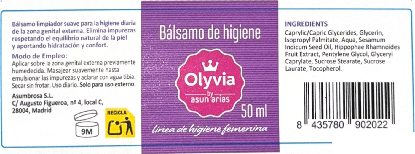 La etiqueta de Bálsamo de higiene de Olyvia, entera