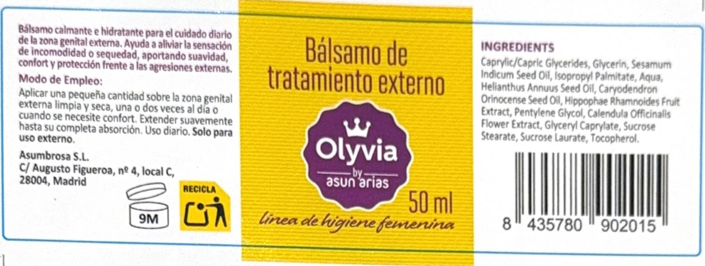La etiqueta de Bálsamo de tratamiento externo de Olyvia, entera